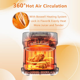 Boswell Glass Air Fryer 7.5QT preheating feature highlighted for quick meals.