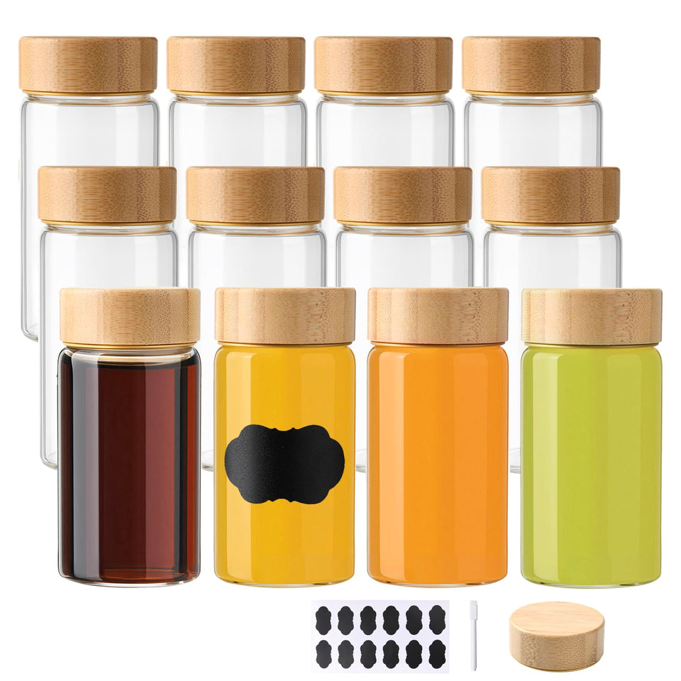 BPFY 12-pack glass shot bottles with caps for on-the-go storage.
