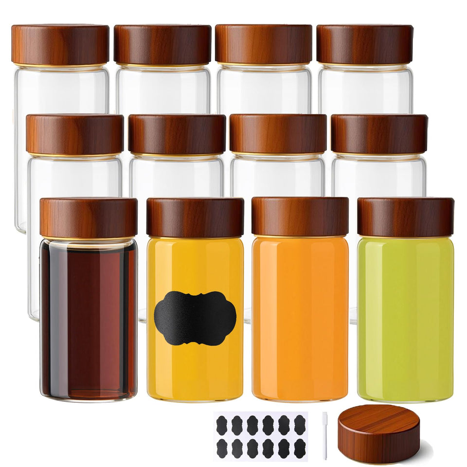 BPFY 12-pack glass shot bottles with caps for travel and portion control.