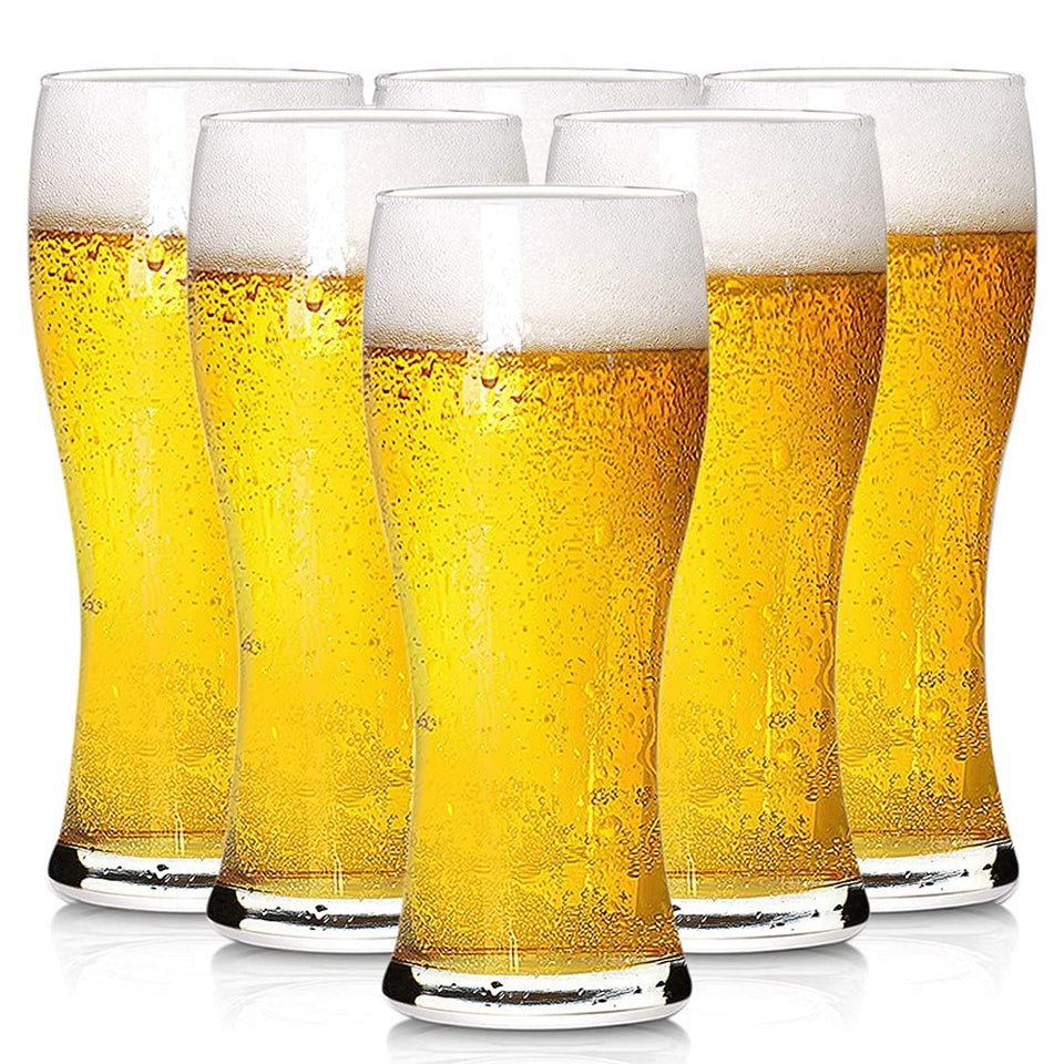 BPFY 6-pack 16oz pilsner glasses with hourglass design for enhanced beer presentation at home.