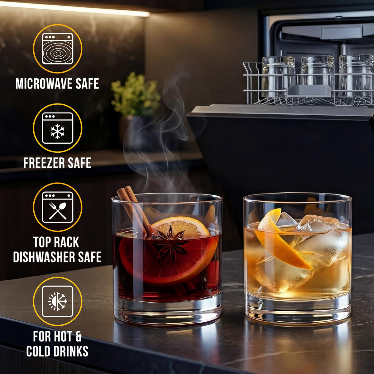 Bravario heat-freeze-safe plastic drinkware for hot or cold beverages.