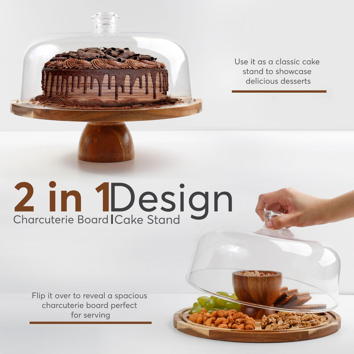 BreezyHome acacia wood cake stand with lid offering versatile two-in-one style.