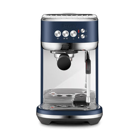 Breville Bambino Plus Damson Blue front view on a clean counter, ideal for space-saving kitchens.