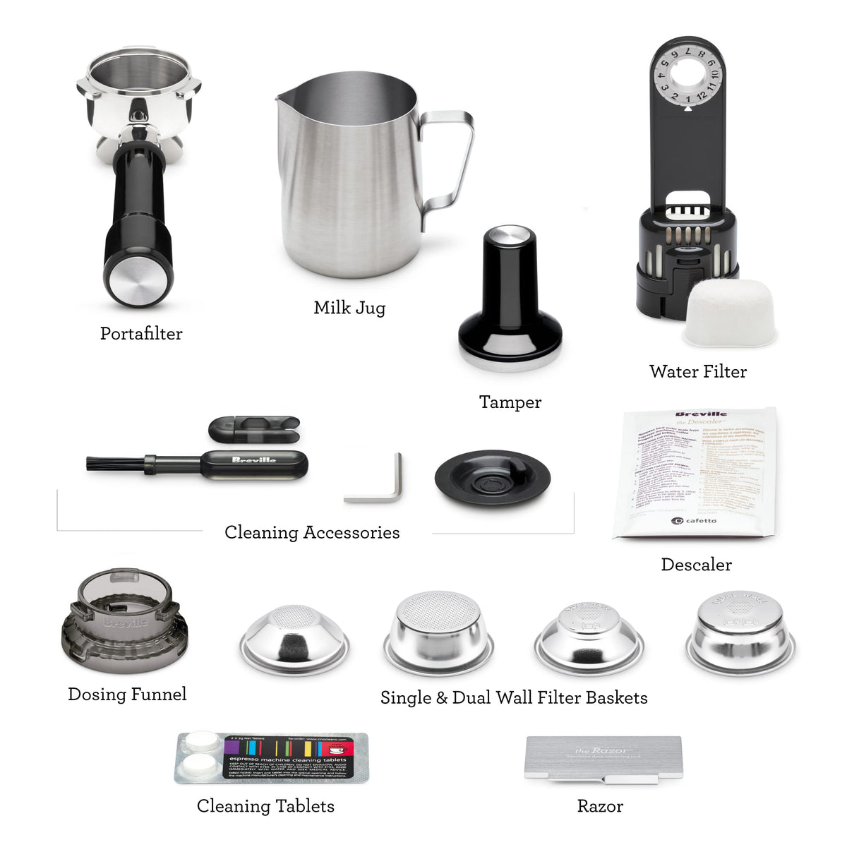 Breville Barista Express BES870BTR included accessories for start-to-brew setup.