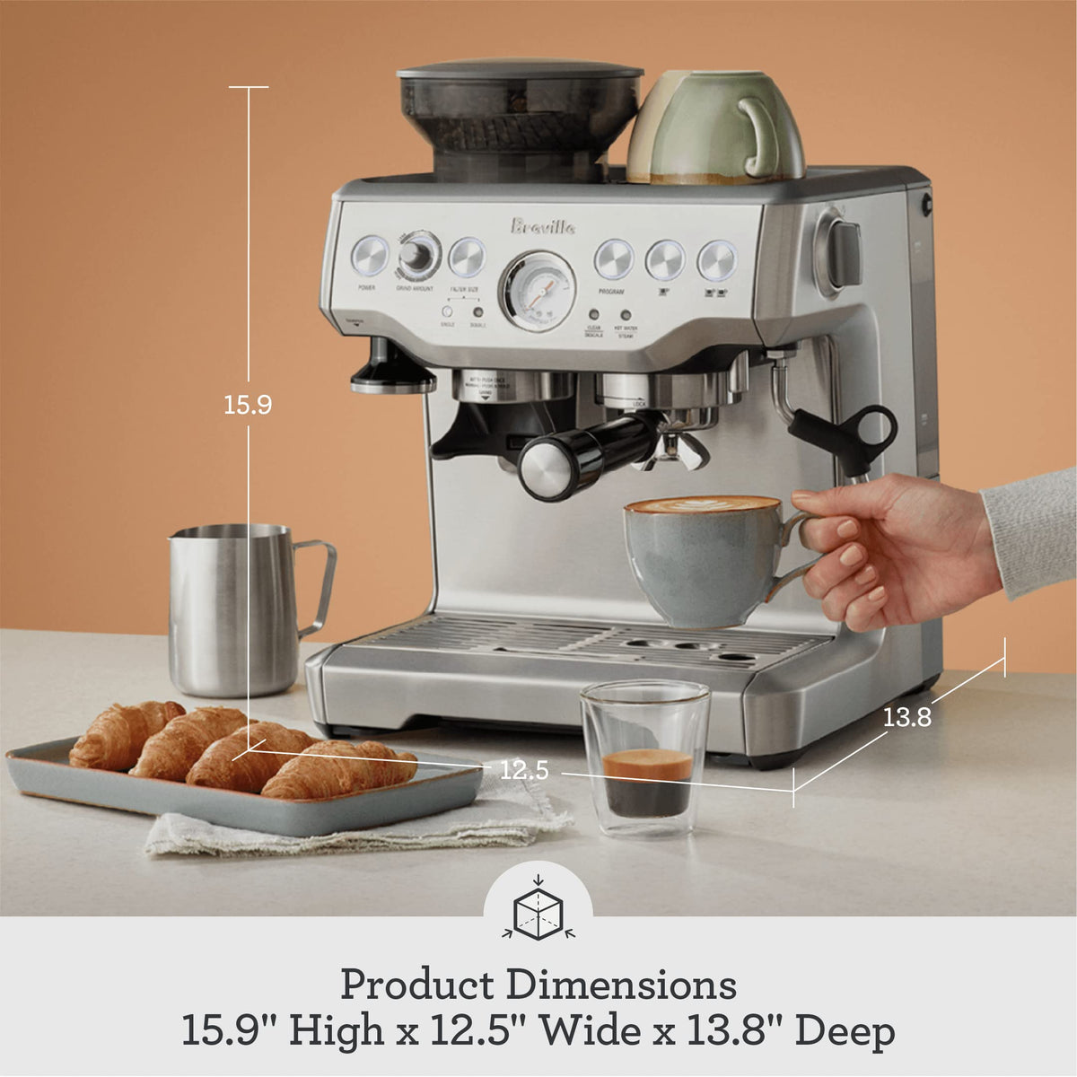 Breville Barista Express BES870BTR 67 oz water tank for continuous brewing.