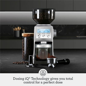Breville BCG820DBL dosing IQ digital timer demonstrates precise grind time for repeatable results.