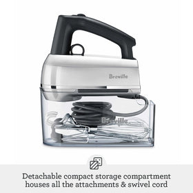 Breville BHM800OLT compact storage keeps attachments organized.