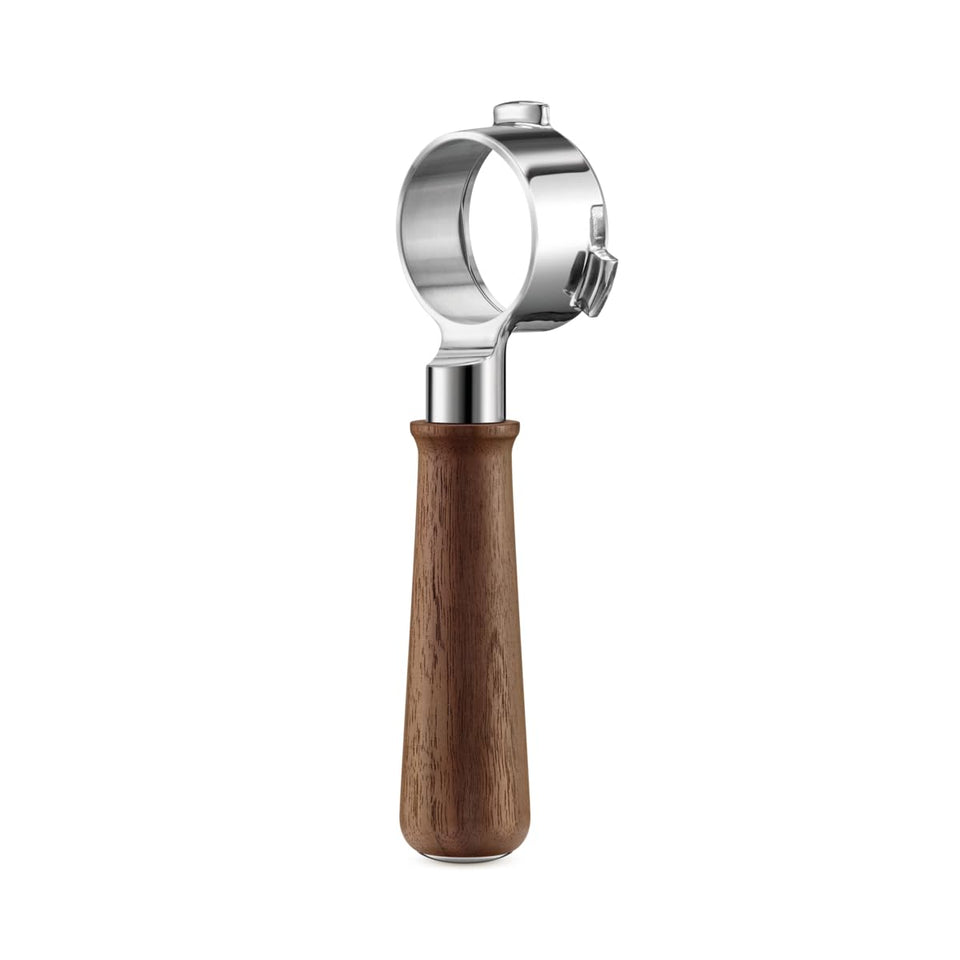 Breville Naked Portafilter 54mm with walnut handle enables precise visual extraction adjustments.