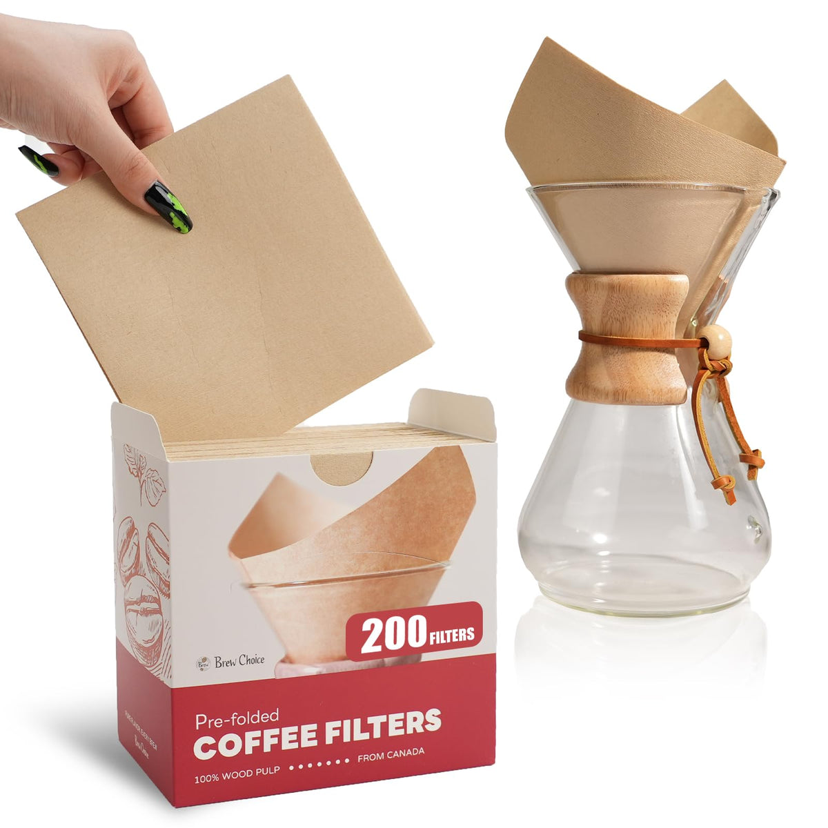 Brew Choice 200ct pre-folded cone filters in packaging emphasize convenience and eco-friendliness.