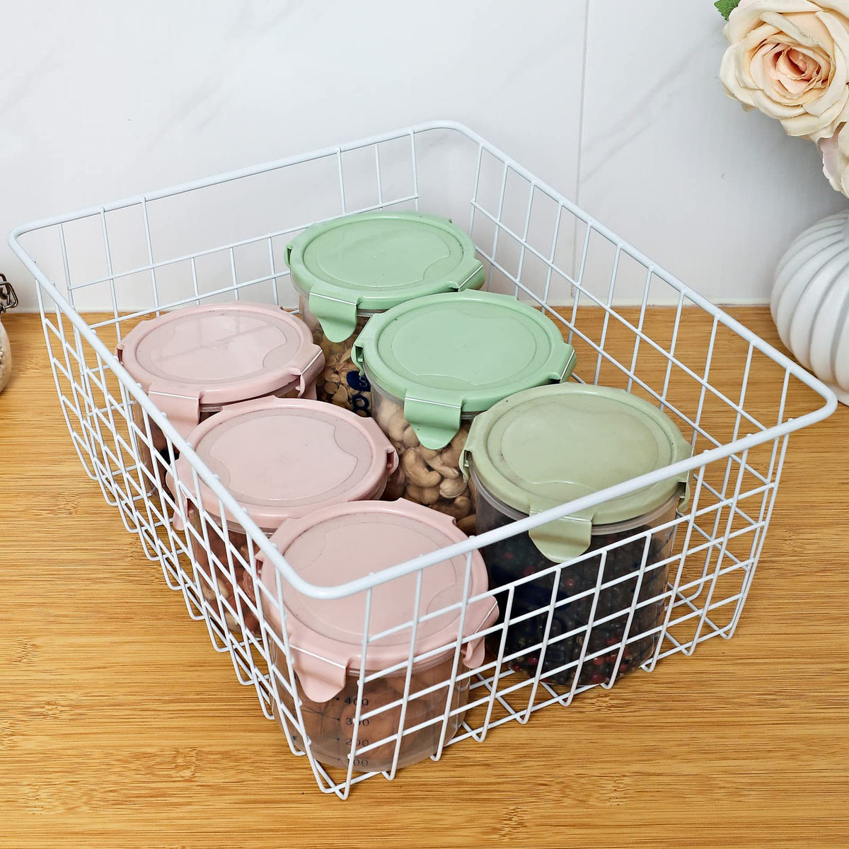 Brightalk freezer and pantry basket set of 2 in a clean kitchen layout.