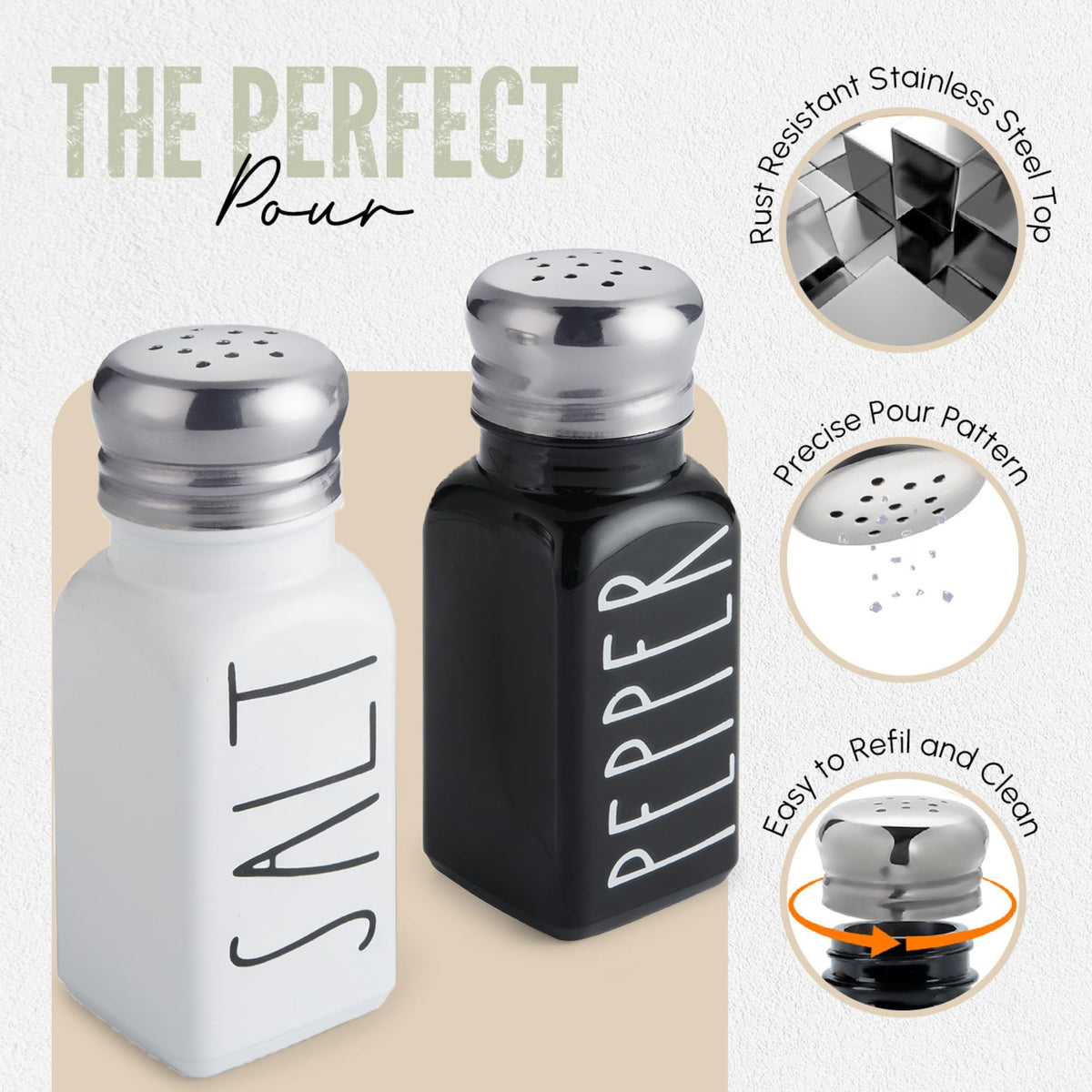 Brighter Barns glass salt and pepper shakers with clear bodies on display.