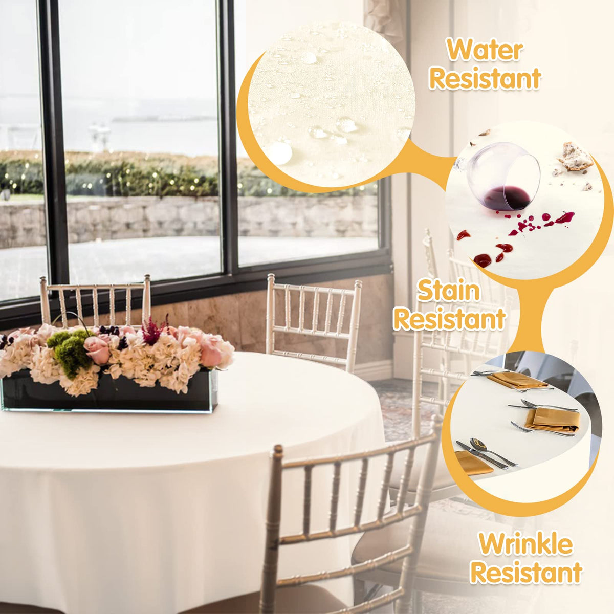 BRILLMAX ivory round tablecloth beads liquids for easy cleaning after a spill.