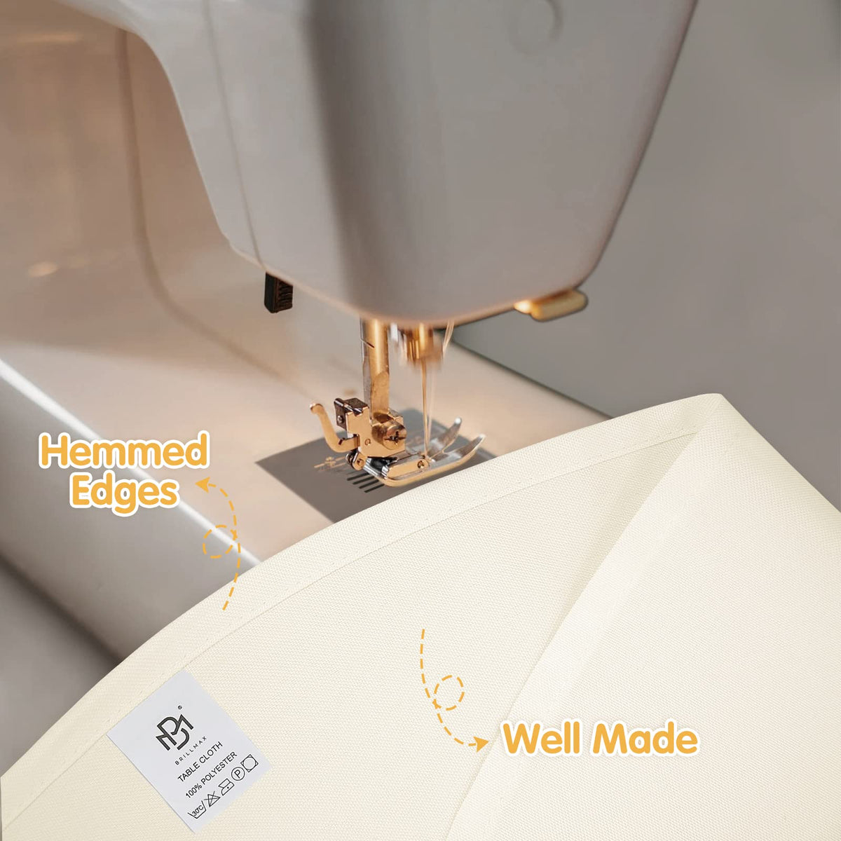 BRILLMAX ivory round tablecloth demonstrates wrinkle resistance for a neat banquet setup.