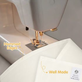 BRILLMAX Ivory tablecloth close-up shows reinforced hemmed edges
