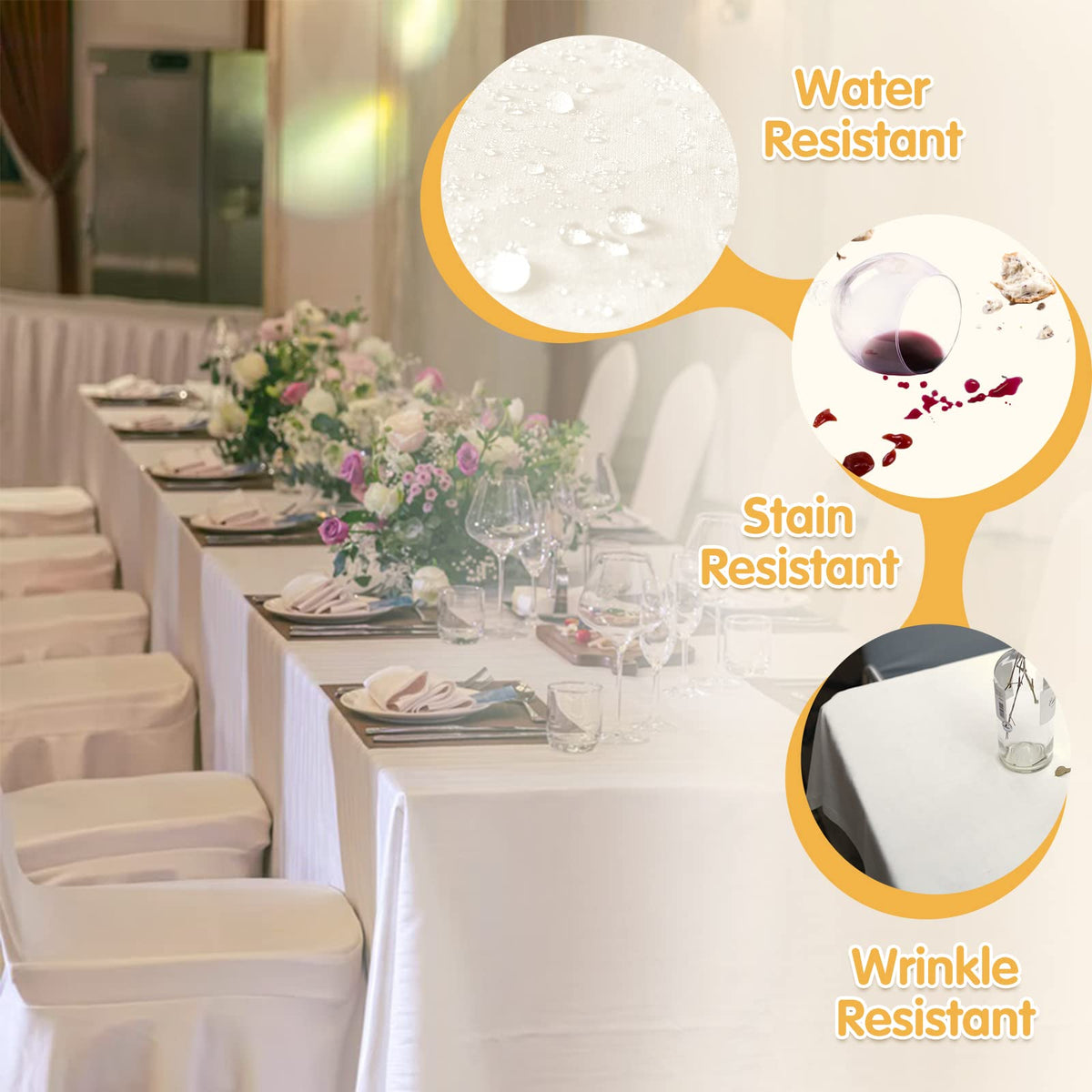 BRILLMAX ivory tablecloth shows spill resistance that helps keep surfaces clean.