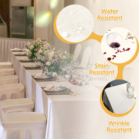 BRILLMAX ivory tablecloth shows spill resistance that helps keep surfaces clean.