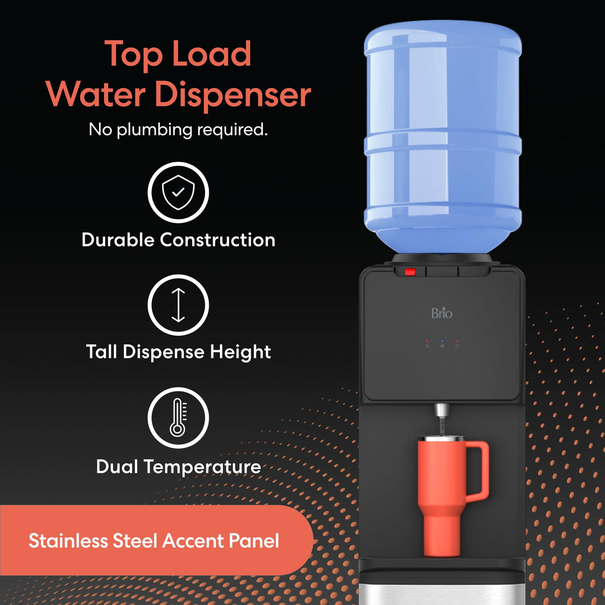 Brio 130 Series spill-free bottle change highlights clean, leak-proof operation.
