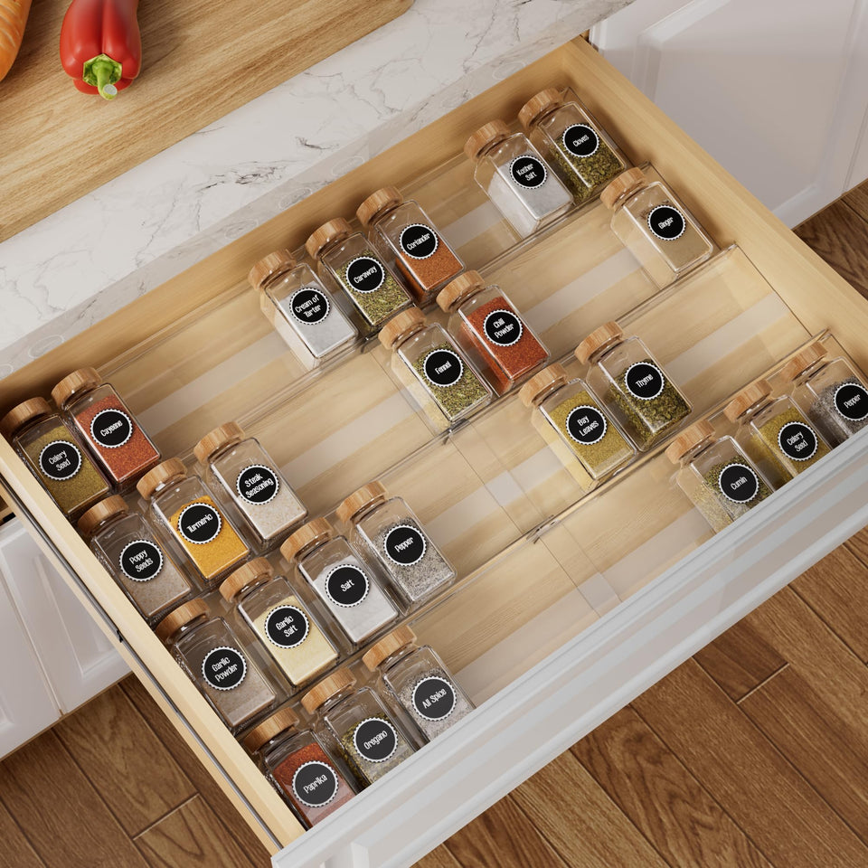 Brippo 8-pack spice drawer organizer viewed in a kitchen drawer for quick access.