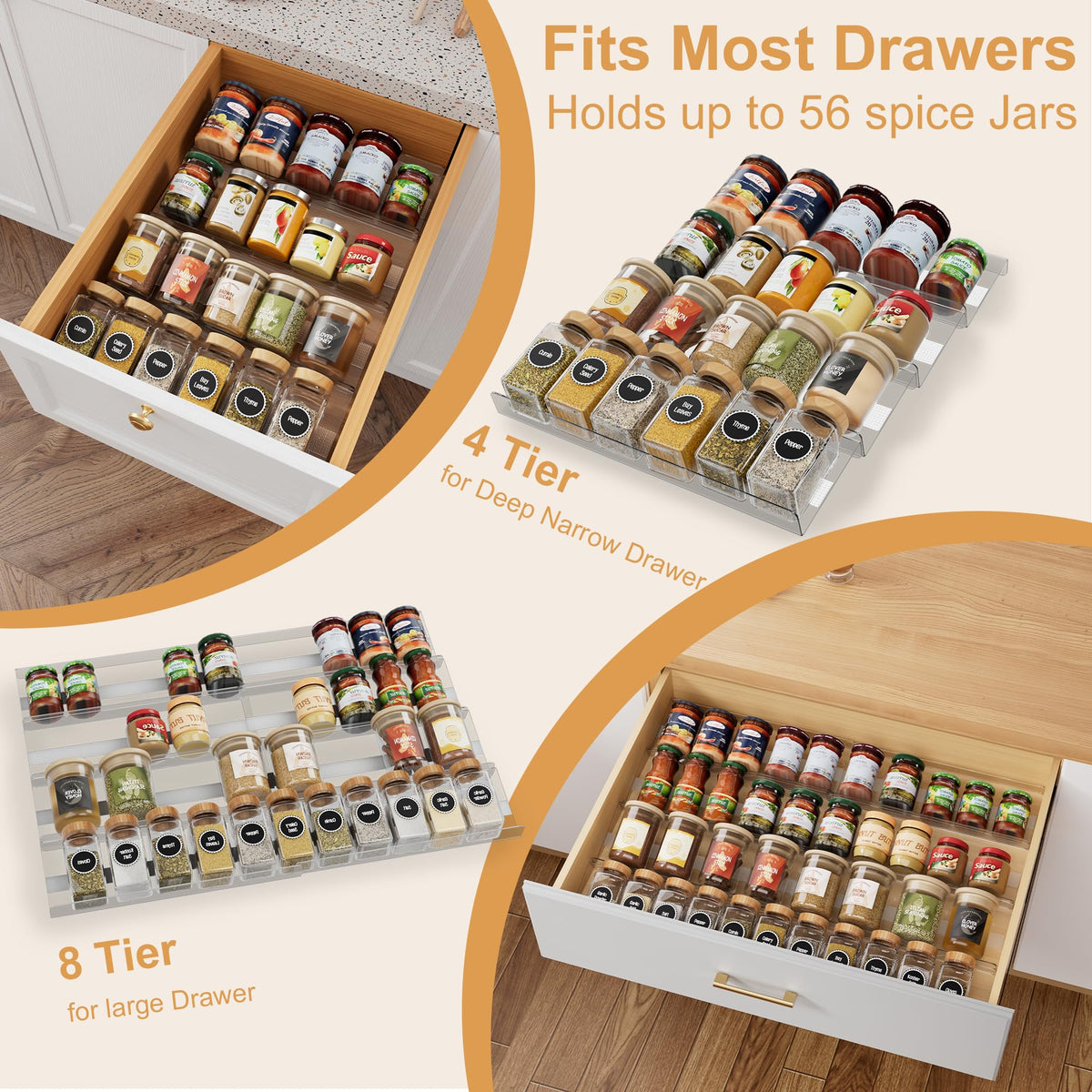 Brippo anti-slip drawer tray stabilizes spice bottles during use.