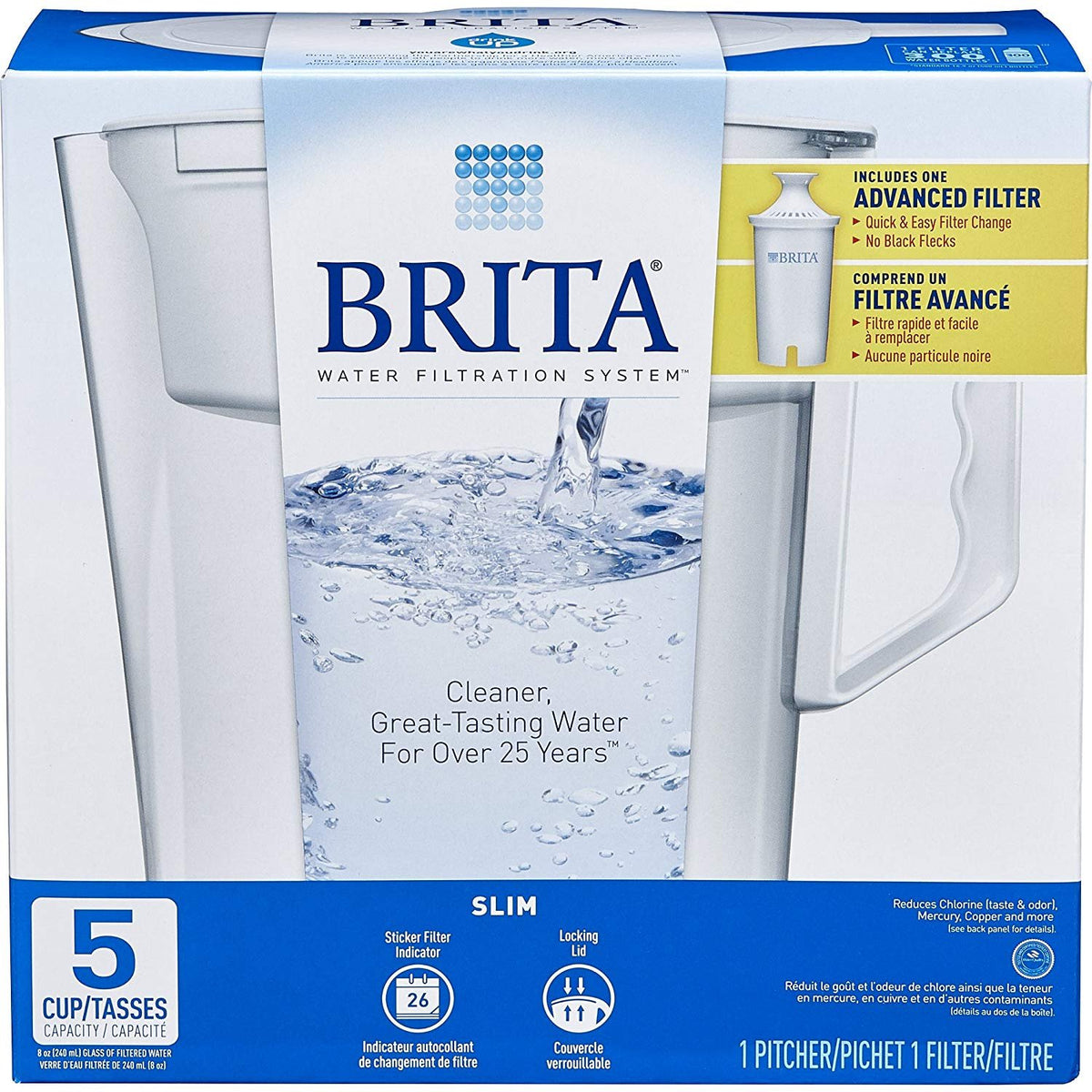 Brita Slim water pitcher on a kitchen counter showing space-saving design for small spaces.