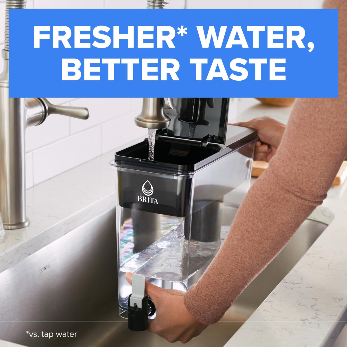 Brita UltraMax with easy-locking lid for fridge storage.