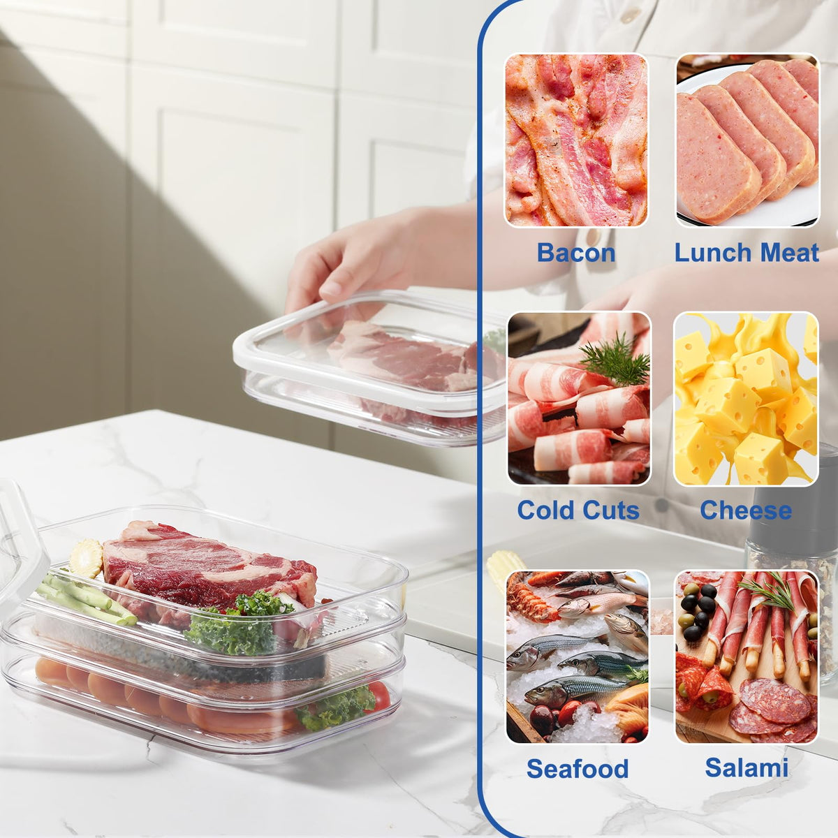 Bronkeeper fridge organizer for meats and cheeses, stacking neatly to declutter drawers.