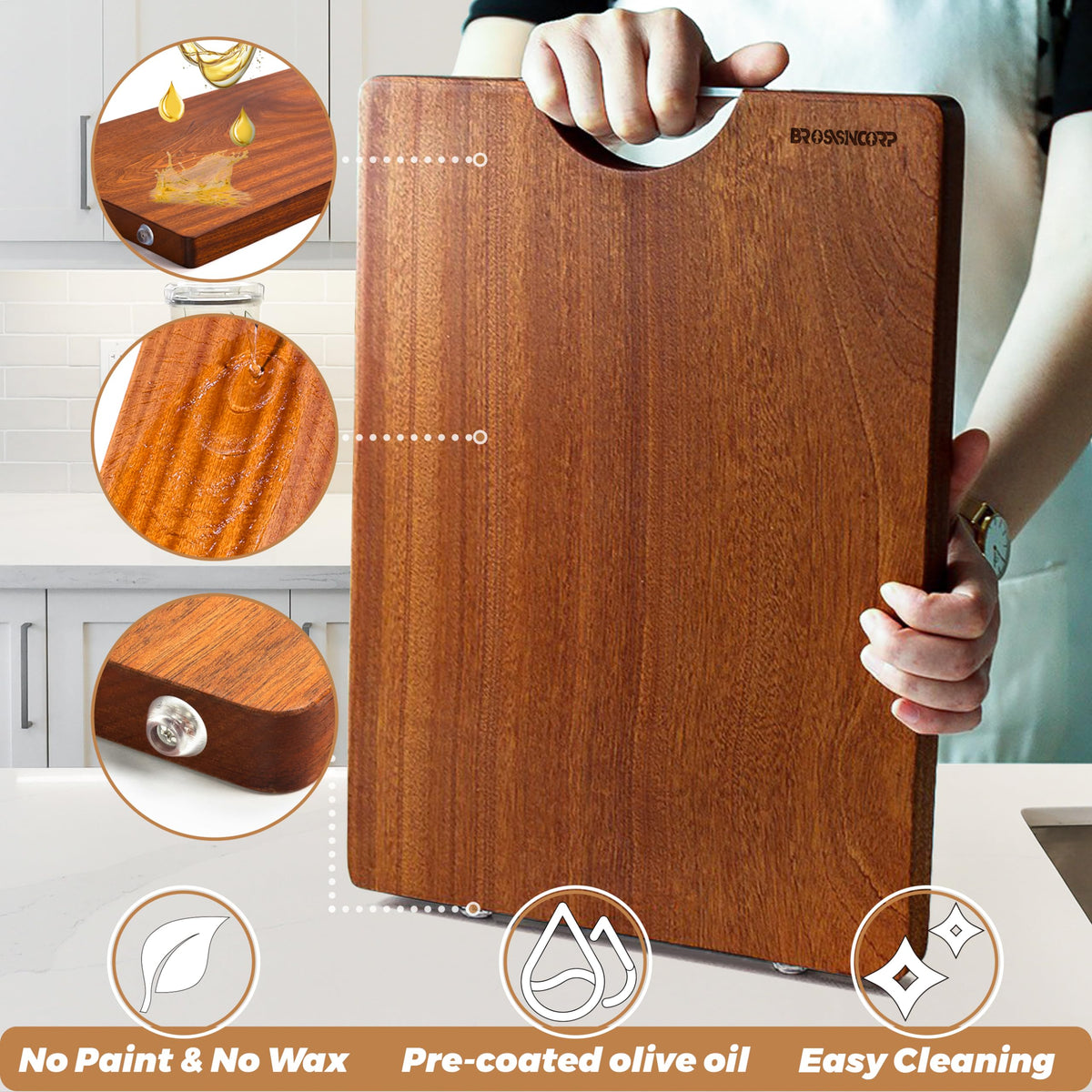 Stainless steel handle on Brosisincorp cutting board for easy lifting
