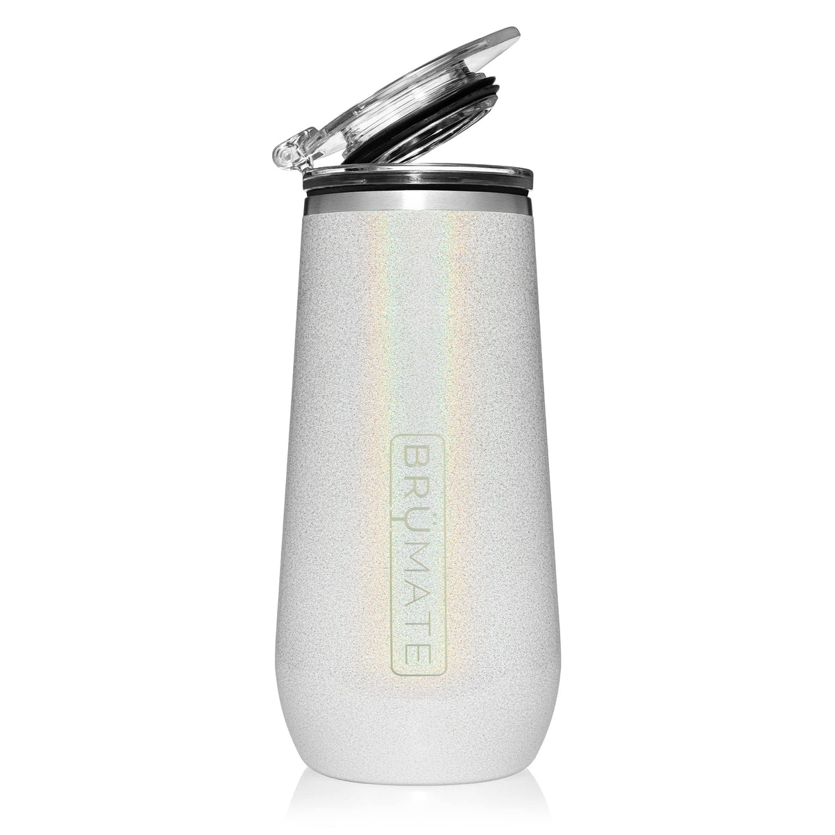 BrüMate Champagne Flute 12oz with flip-top lid preserves carbonation for longer bubbles.