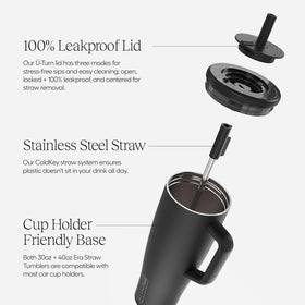 BrüMate Era side view showing handle, straw, and secure leakproof design.