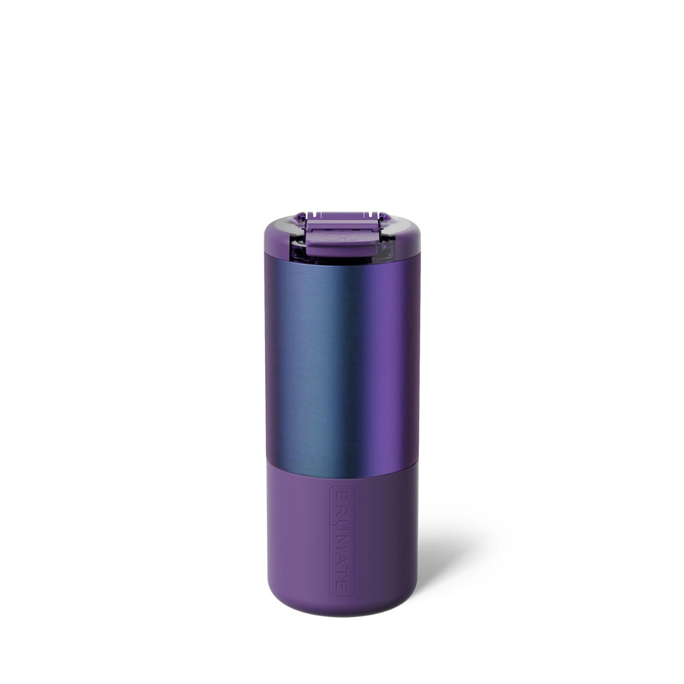BrüMate Strova 18oz mug with lid open, travel-ready spill prevention