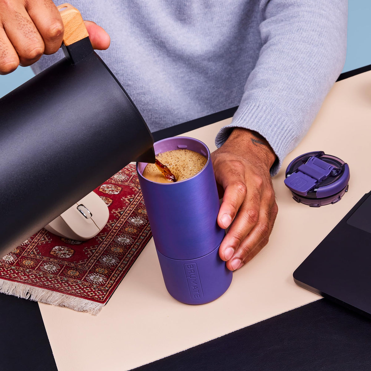 BrüMate Strova locking flip lid keeps beverages sealed and easy to open