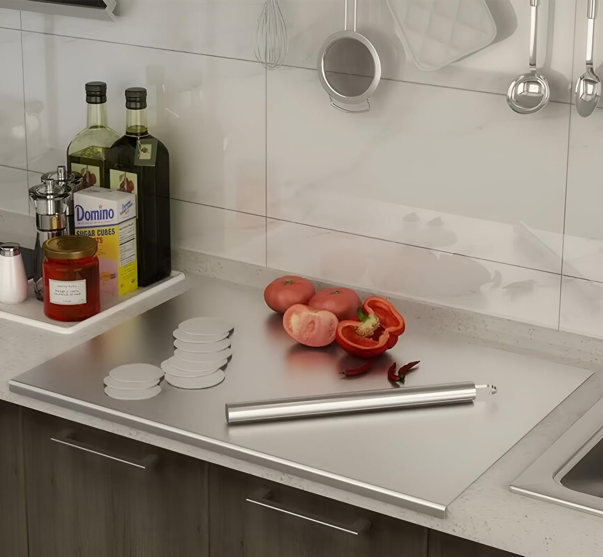 bscsqld stainless steel cutting board top view showing lip for stability