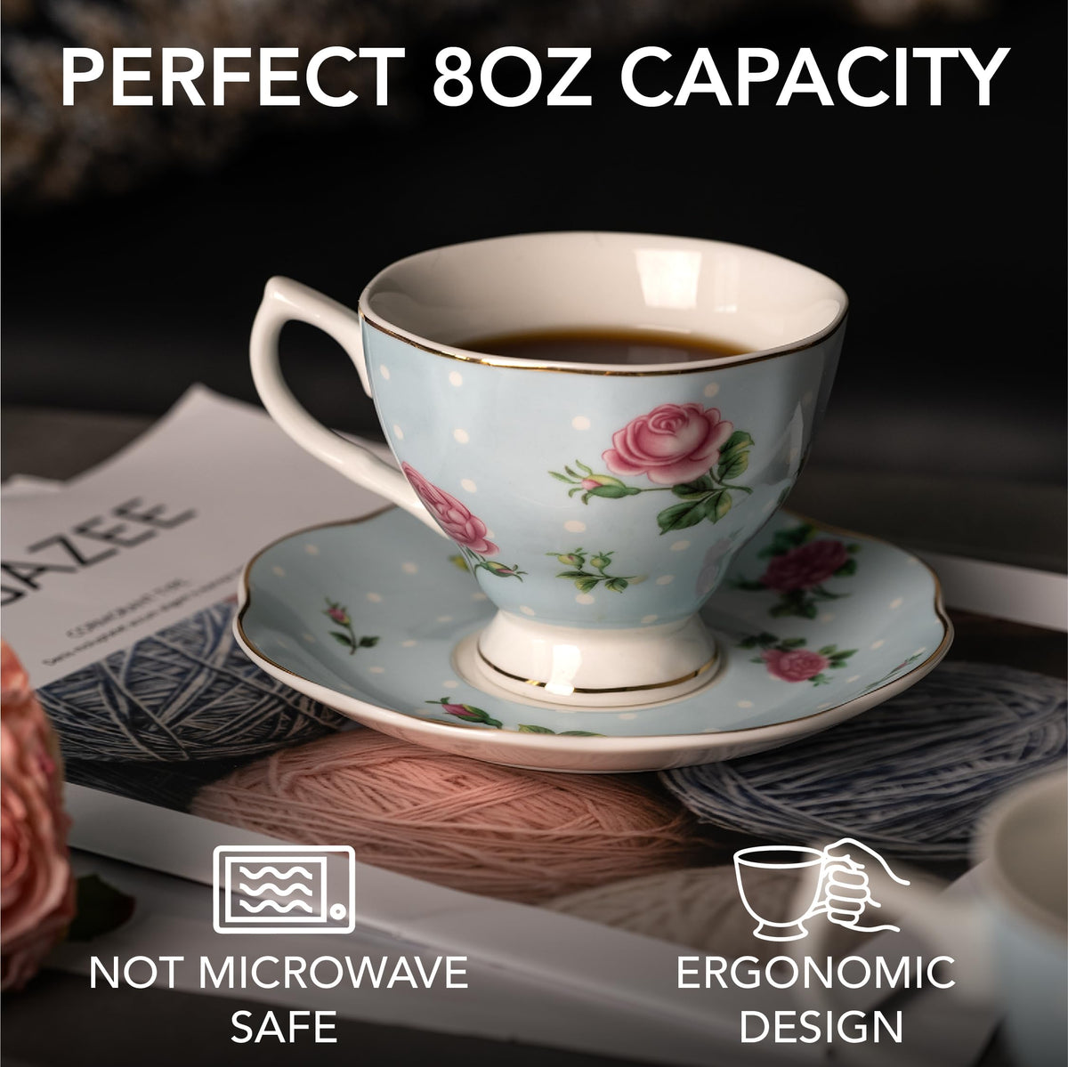 BTaT mint-green floral tea cup close-up, durable porcelain with glossy finish.