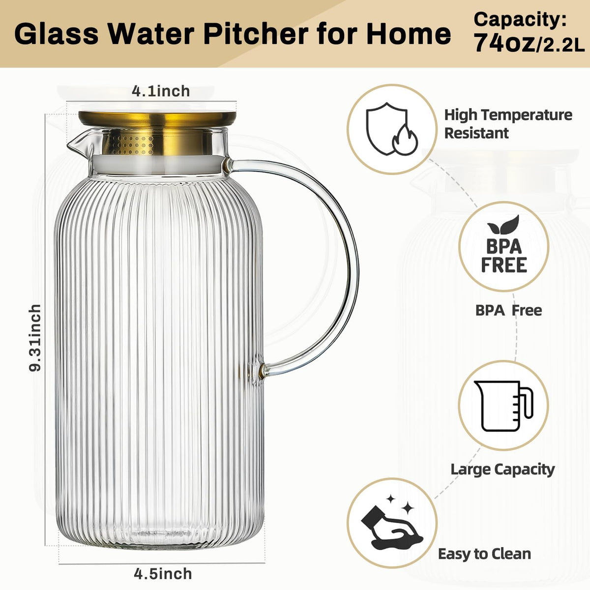 Buaic glass pitcher lid close-up shows stainless steel dual pour design and seal.