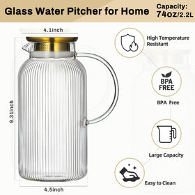 Buaic glass pitcher lid close-up shows stainless steel dual pour design and seal.