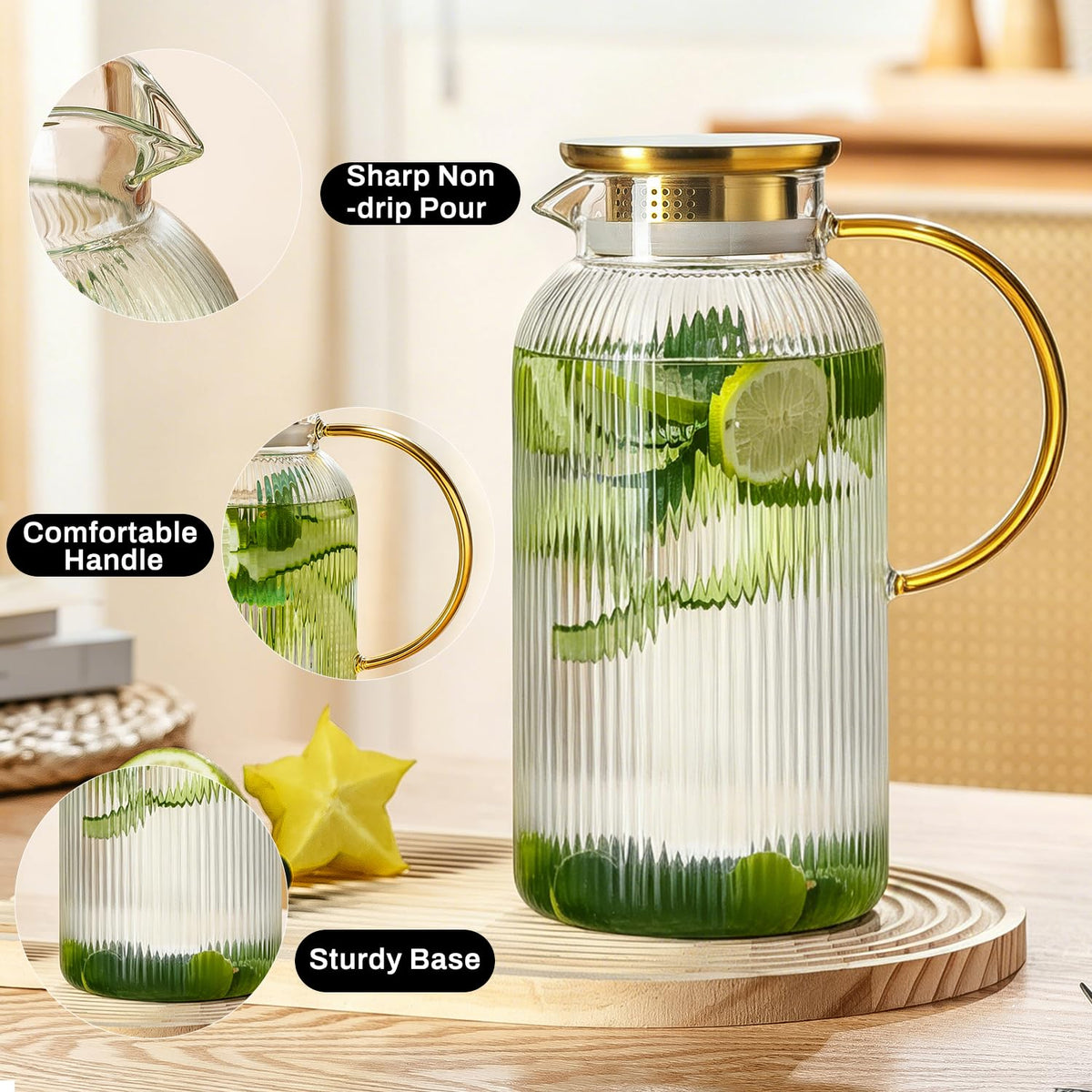 Buaic pitcher being poured highlighting dual openings for easy strain and pour.