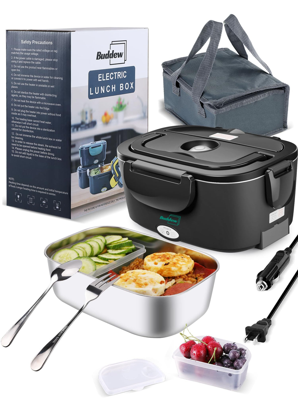 Buddew electric lunch box front view for portable hot meals on the go.