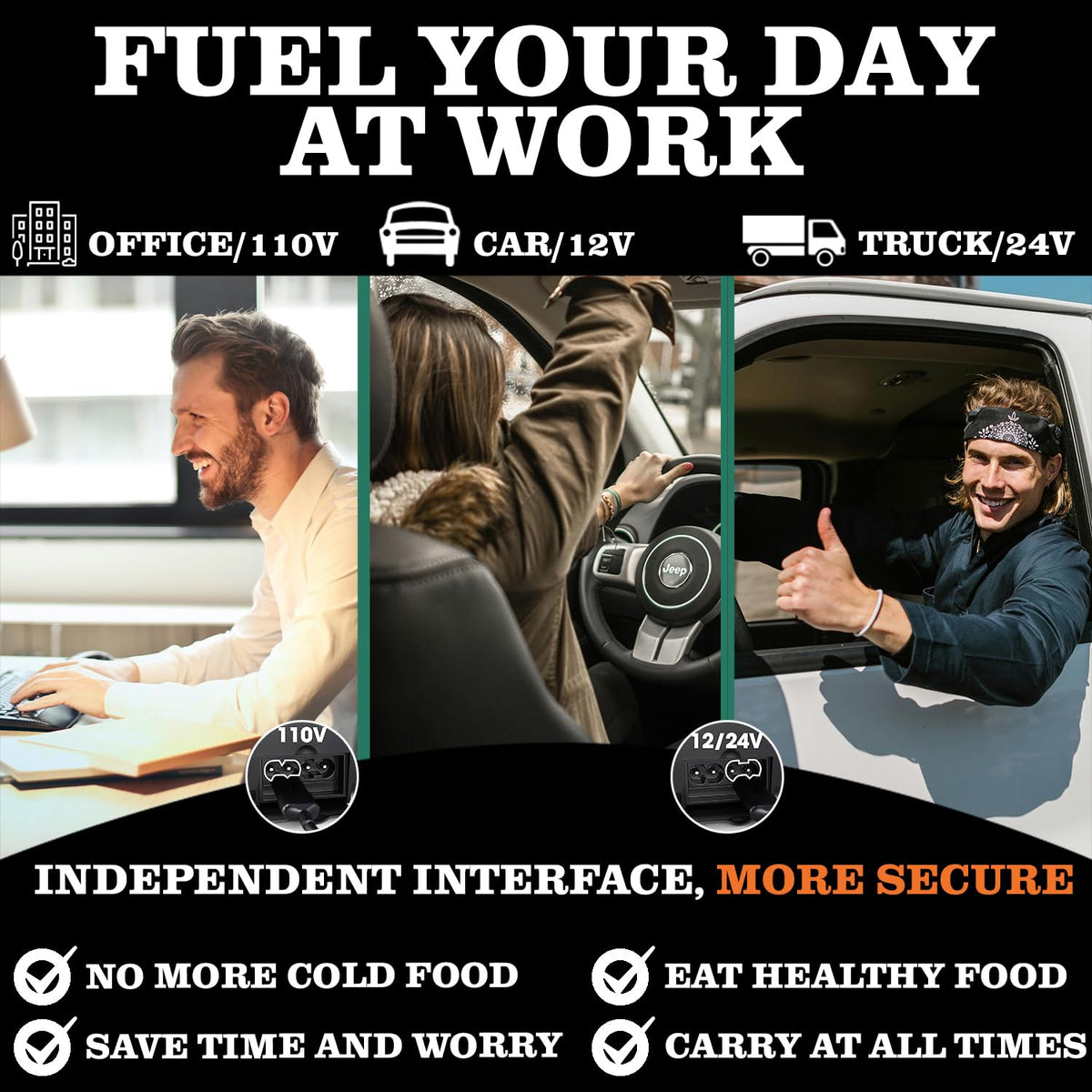 Buddew in-car use with 12V power for on-the-road meals.