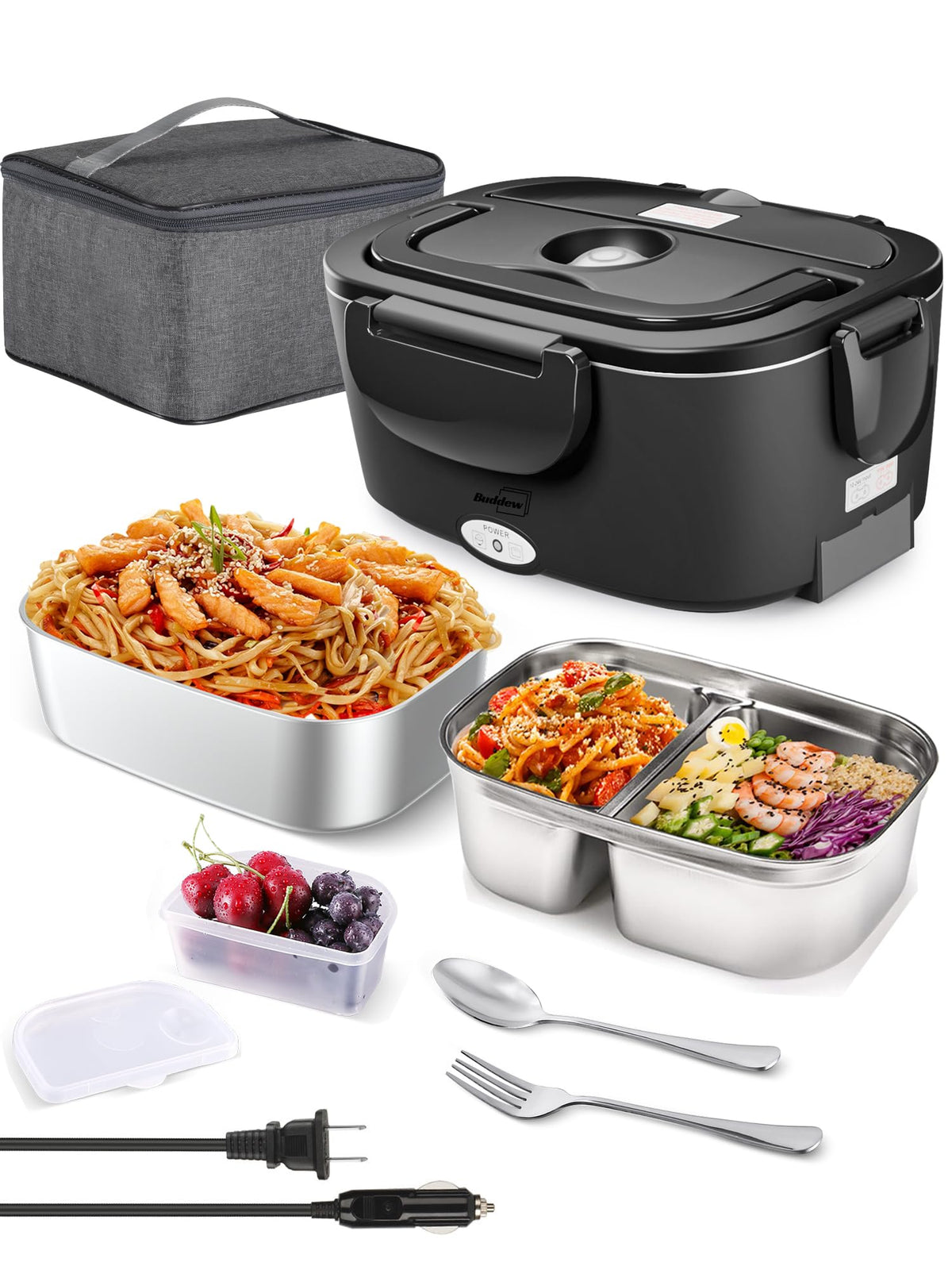 Buddew electric lunch box main view showing portable warm meals.