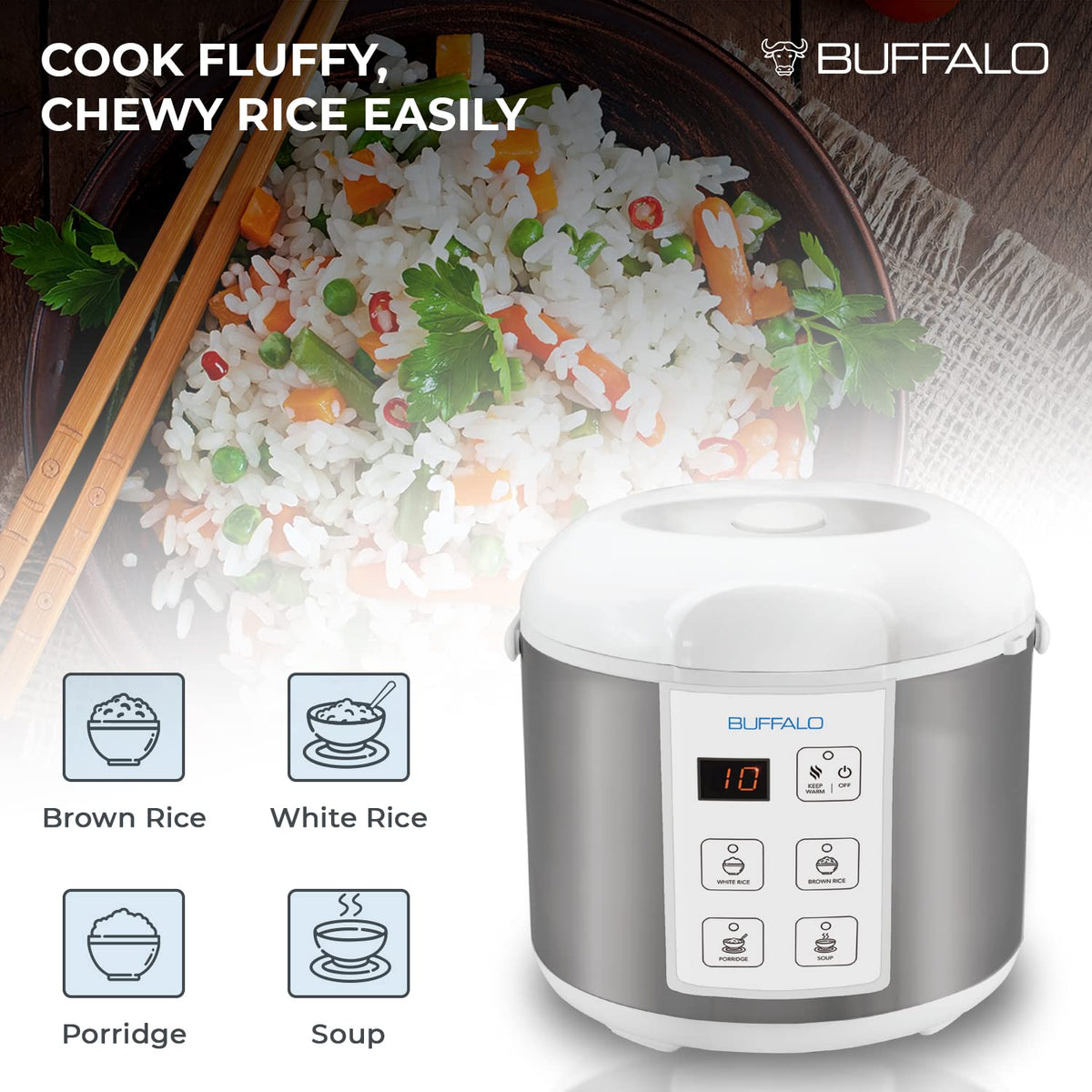 BUFFALO clad stainless pot offers non-stick, non-toxic cooking surface.