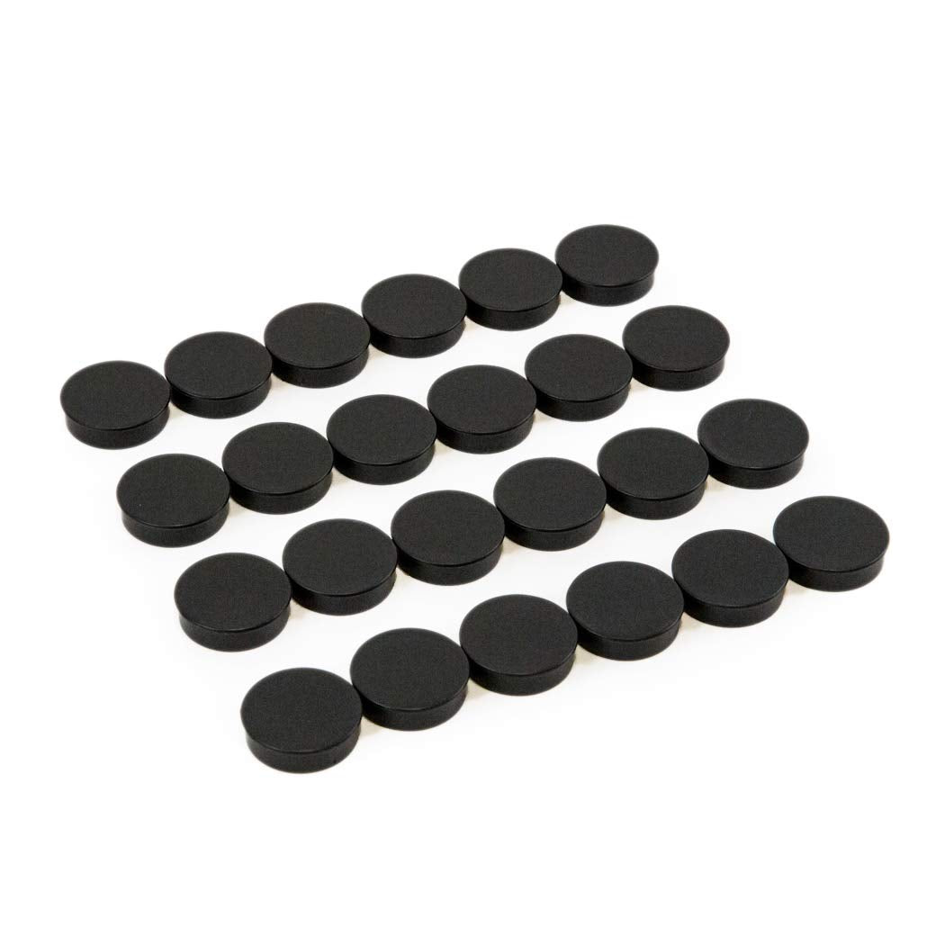 Bullseye Office 24 round black magnets hold up to 11 sheets on metal surfaces.
