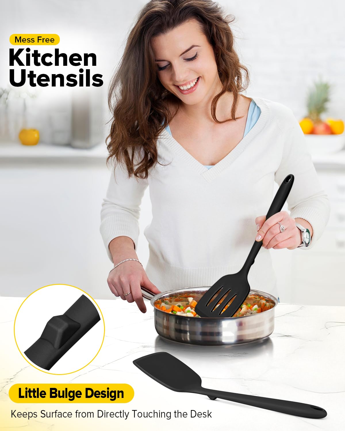 BUNDLEPRO heat-resistant silicone spatula in black, safe up to high temps for searing and sautéing.
