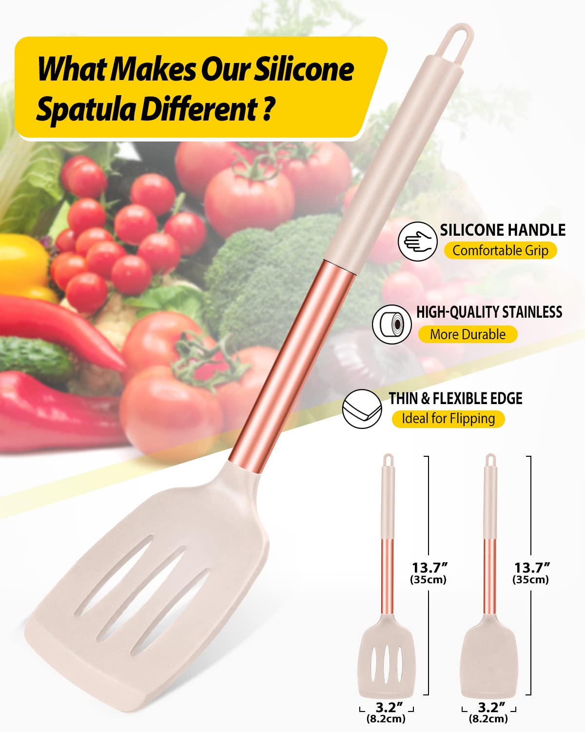 BUNDLEPRO silicone head protects non-stick pans while lifting delicate foods.