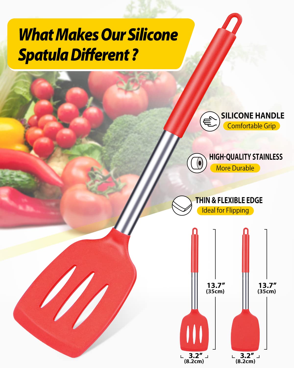 Bundlepro silicone turner red in action, flipping eggs with ease.