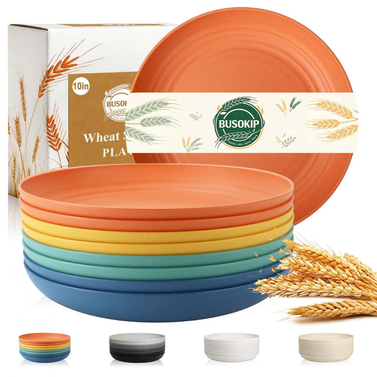 BUSOKIP wheat straw plates 10inch dinner set in autumn colors, durable and lightweight.