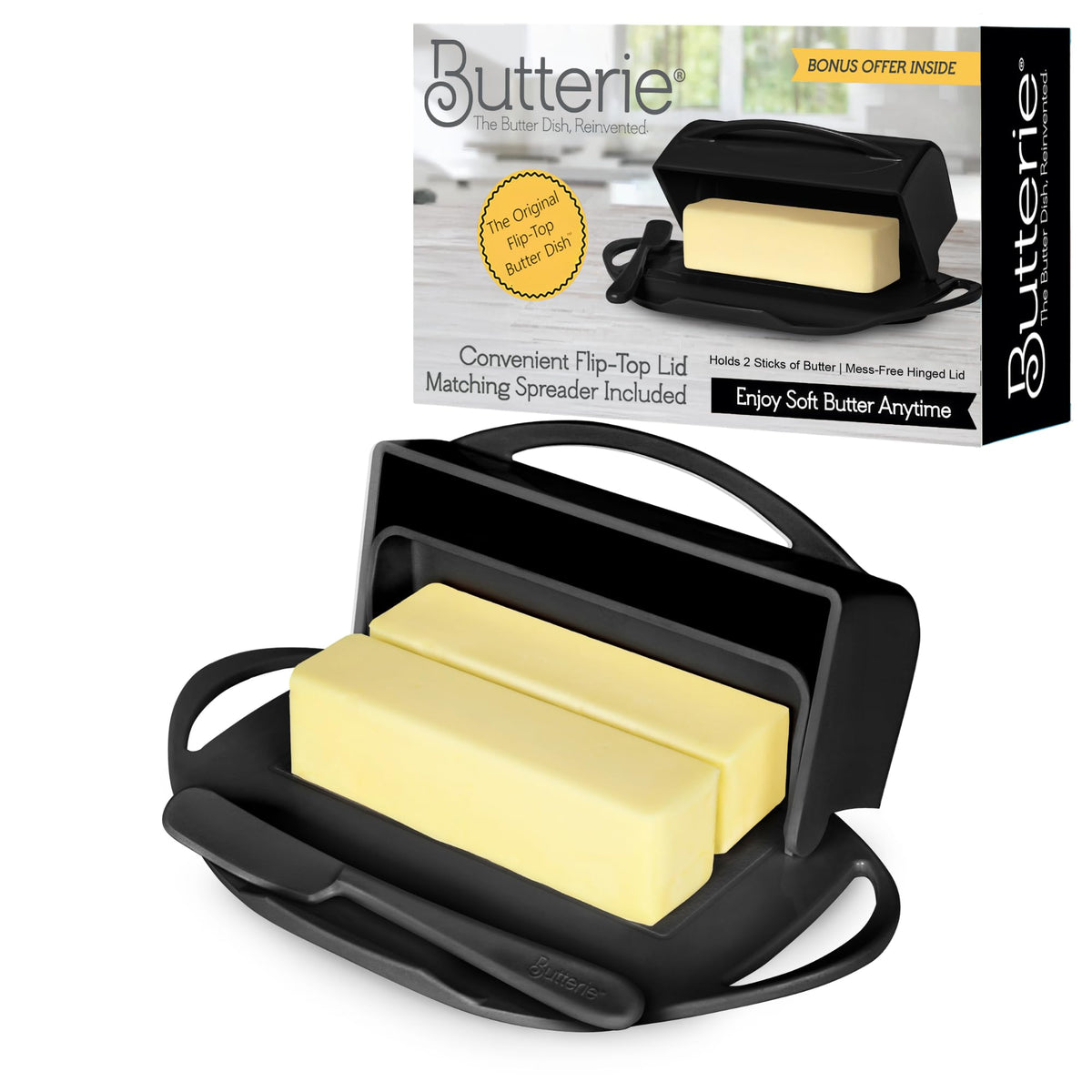 Butterie flip-top butter dish with attached lid and knife keeps butter tidy on the counter.