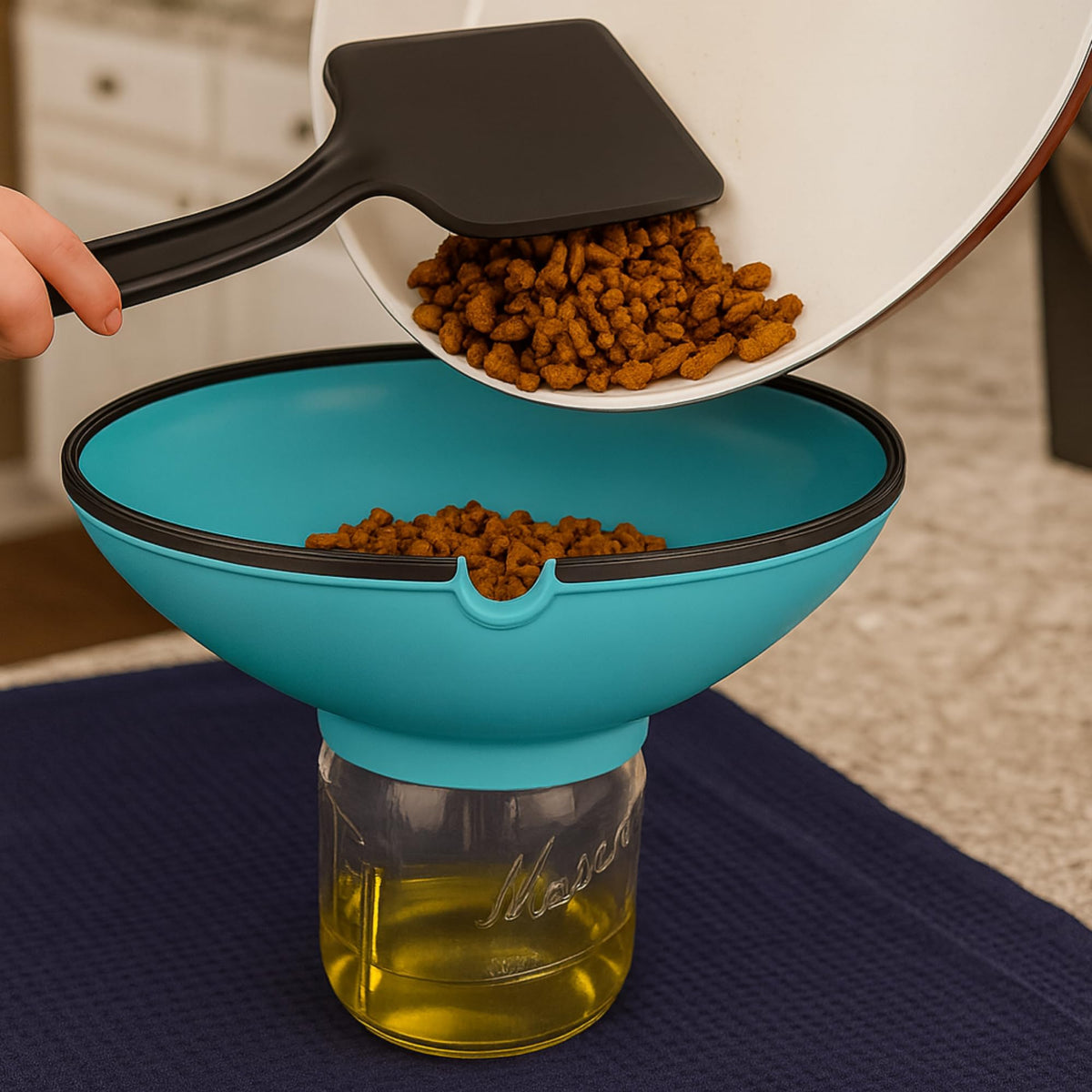 BUUBLE can-jar attachment demonstrates fast grease separation without drips.