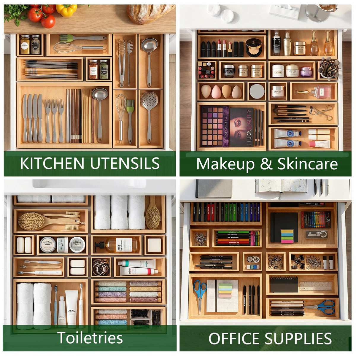 Buwheekoki bamboo jewelry trays kept neatly in a drawer for easy access.