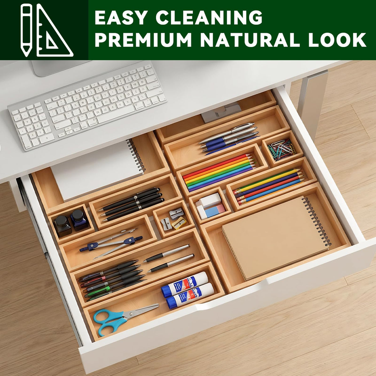 Buwheekoki easy-clean bamboo organizers wipe clean for a fresh look.