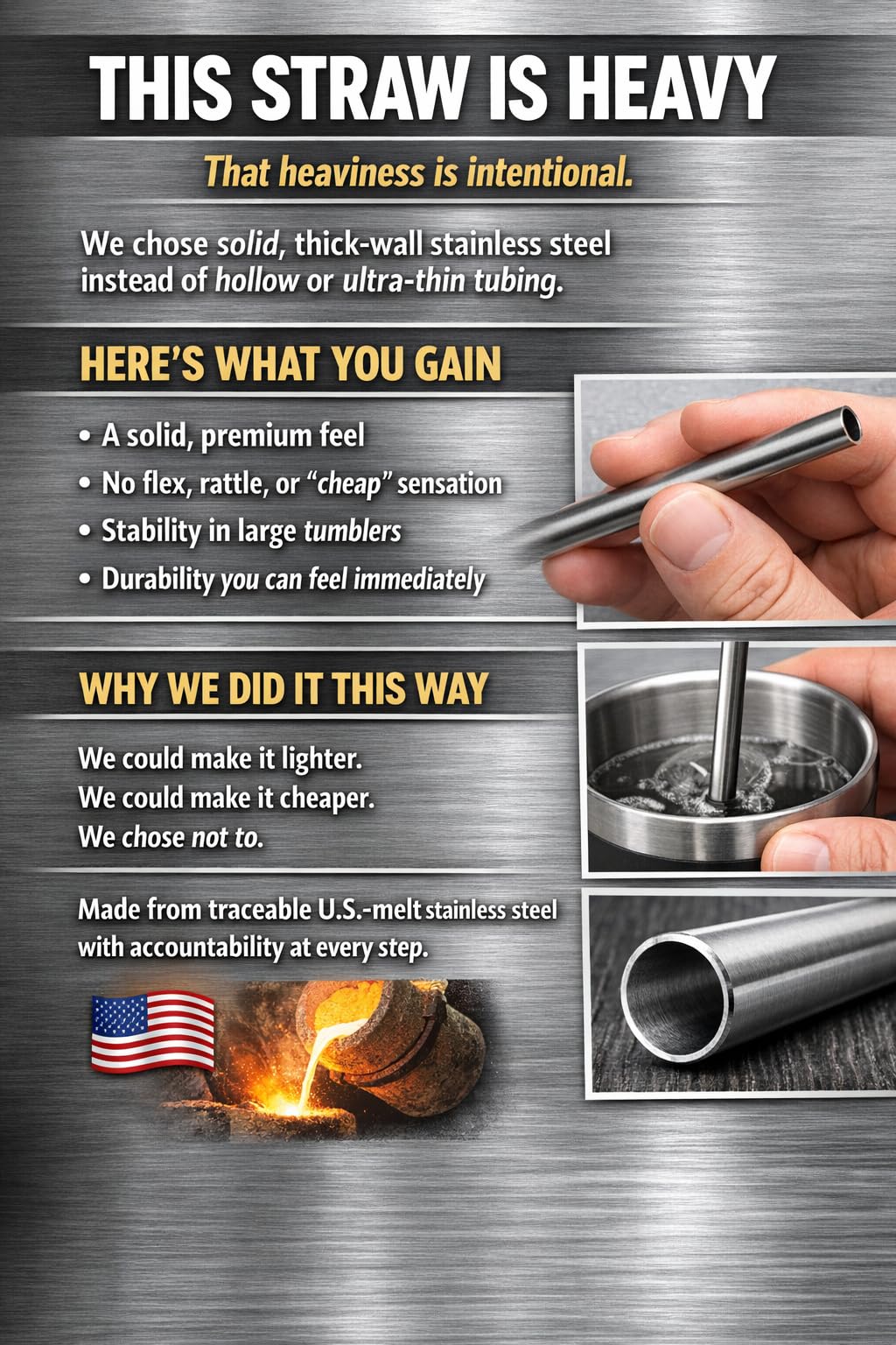 Bywater Stainless mill-finish straw close-up, authentic stainless durability.